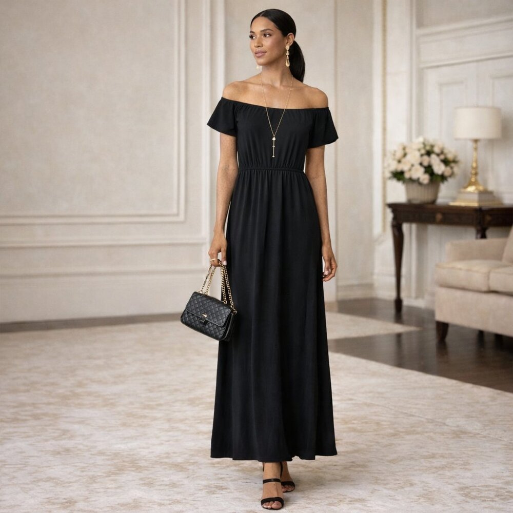 BAR III SYDNEY BLACK OFF SHOULDER MAXI DRESS XS NWT